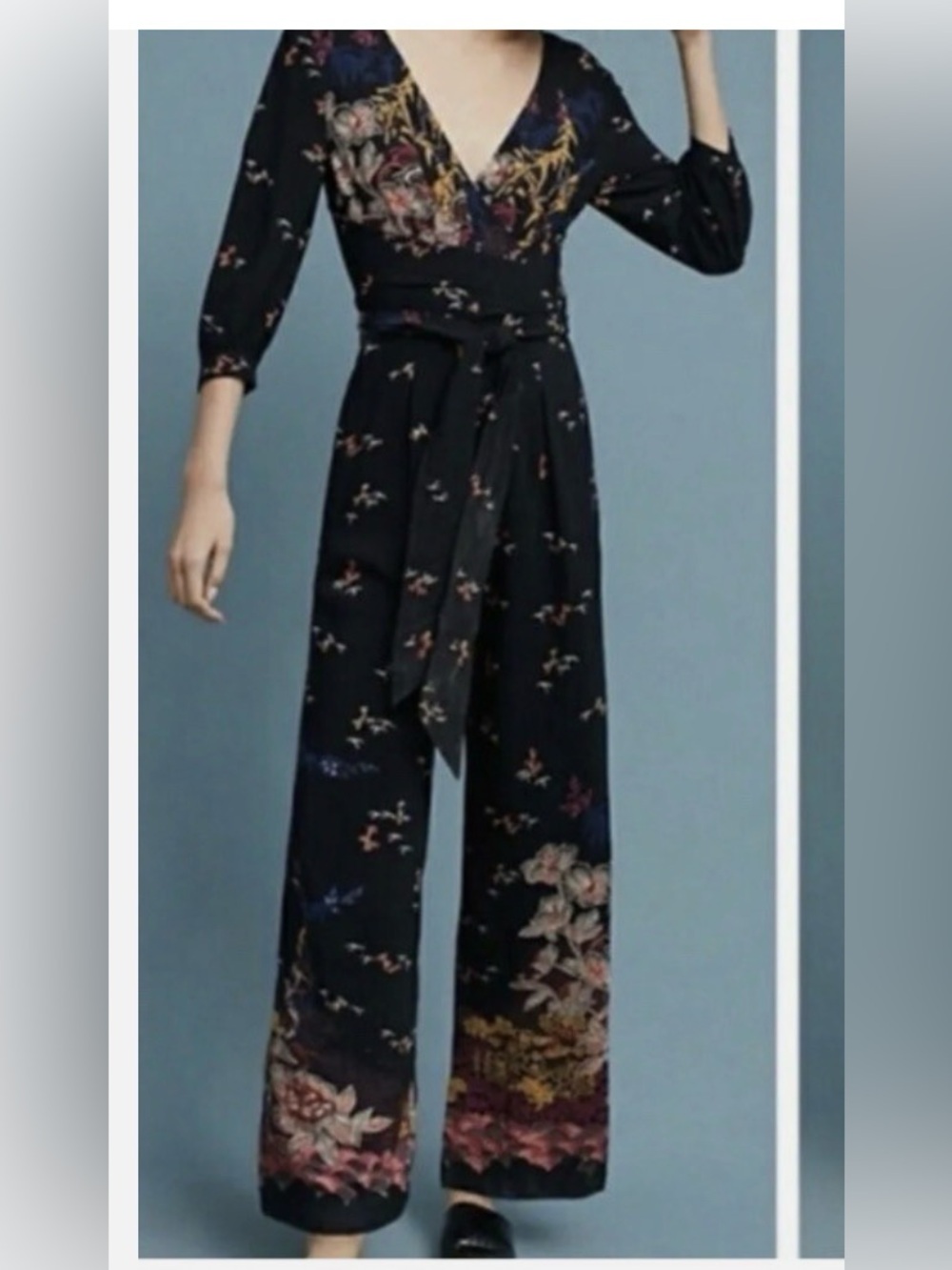 Anthropologie Feather Bone Nara Wide Leg Black Floral Wrap Jumpsuit - Picture 2 of 14